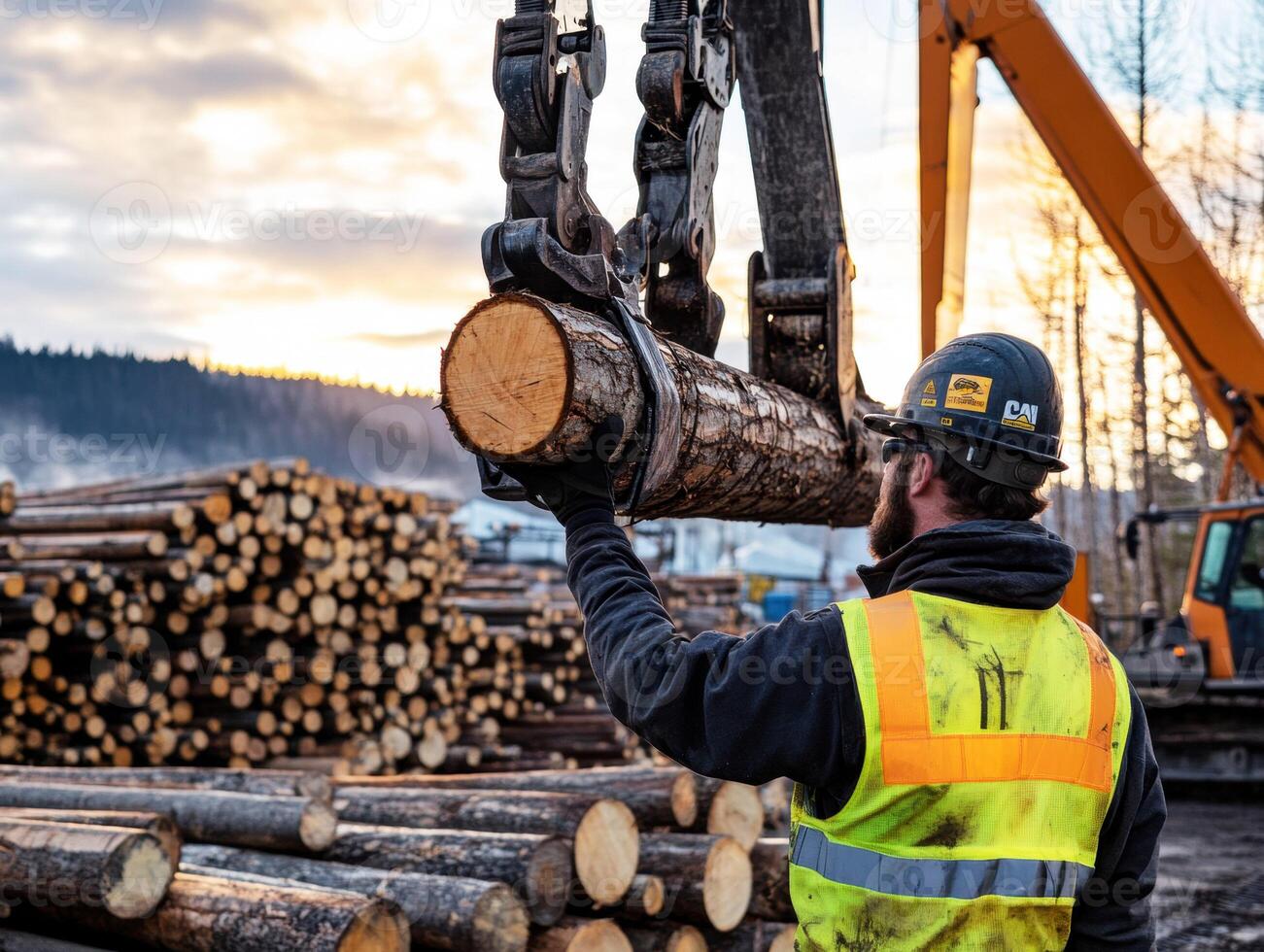 Worker lifts timber log at lumber yard during sunset hours photo