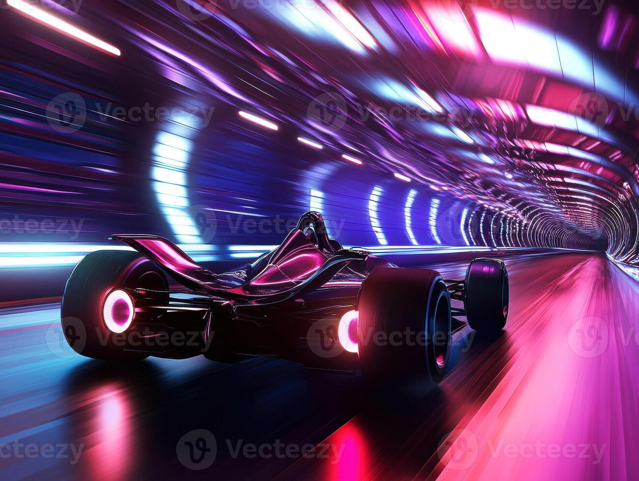 Fast racing car speeds through a futuristic illuminated tunnel photo