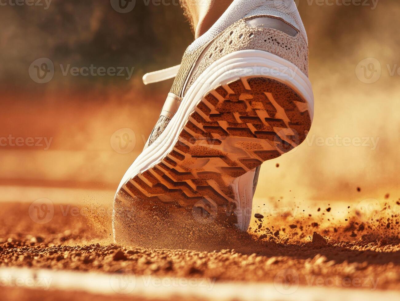 Runner's foot striking the ground on a clay track in late afternoon photo
