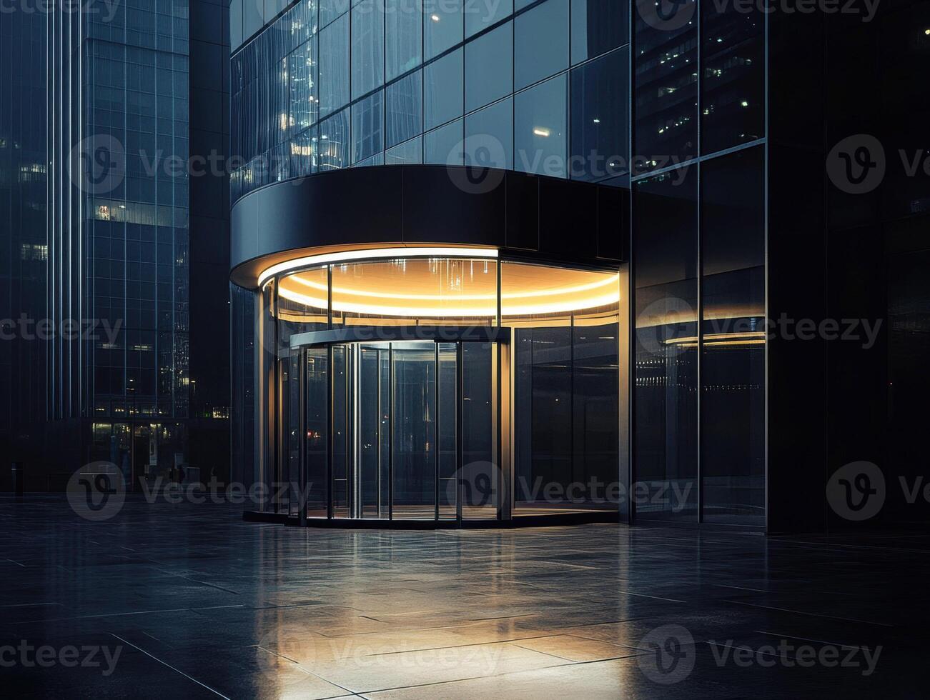 Modern glass building entrance illuminated at night photo