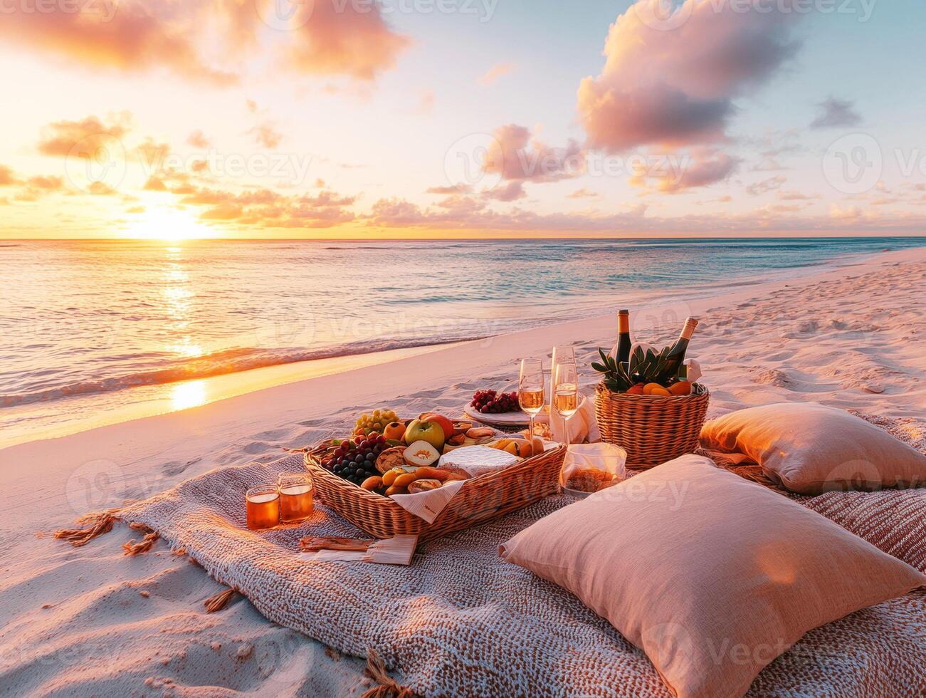 Sunset picnic on a quiet beach with fruits and drinks photo