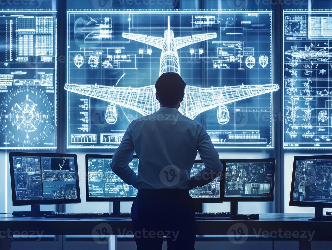 Engineer analyzes aircraft design in high-tech control room photo