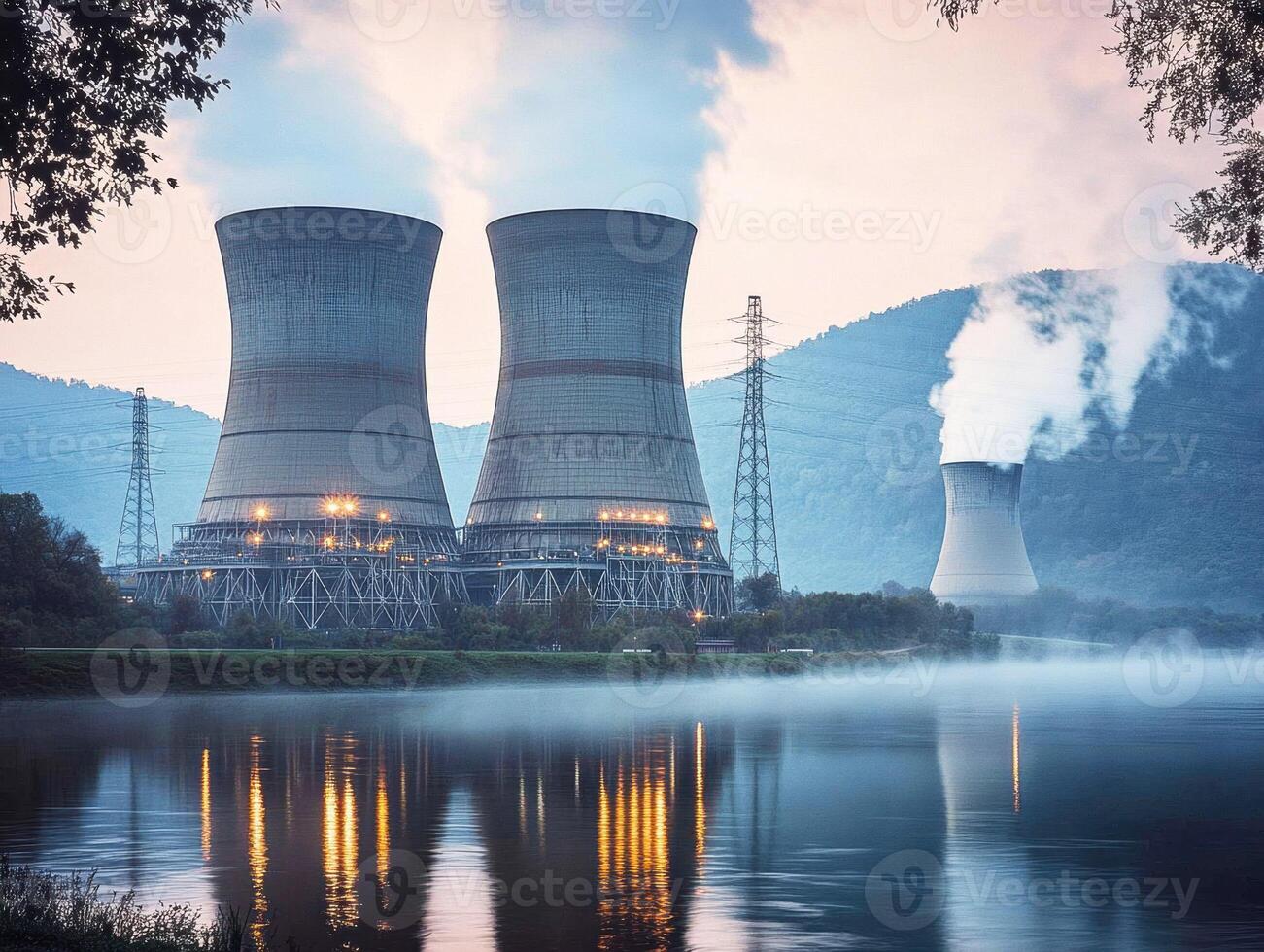Cooling towers release steam at dawn near a calm river photo