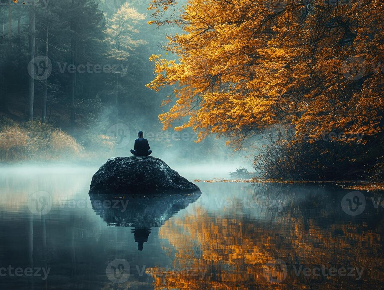 Person meditating on a rock by a misty lake surrounded by autumn trees photo