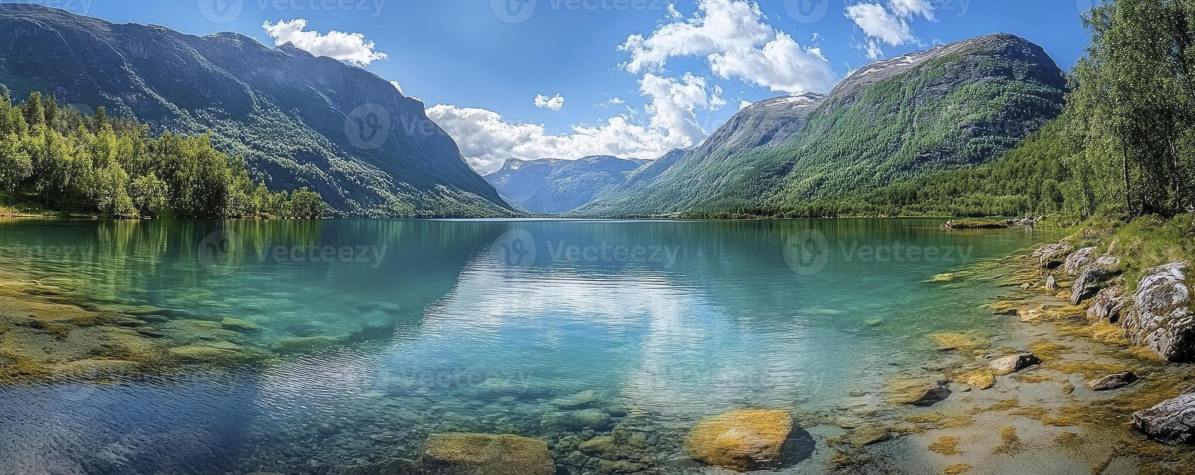 A beautiful lake surrounded by mountains and trees photo