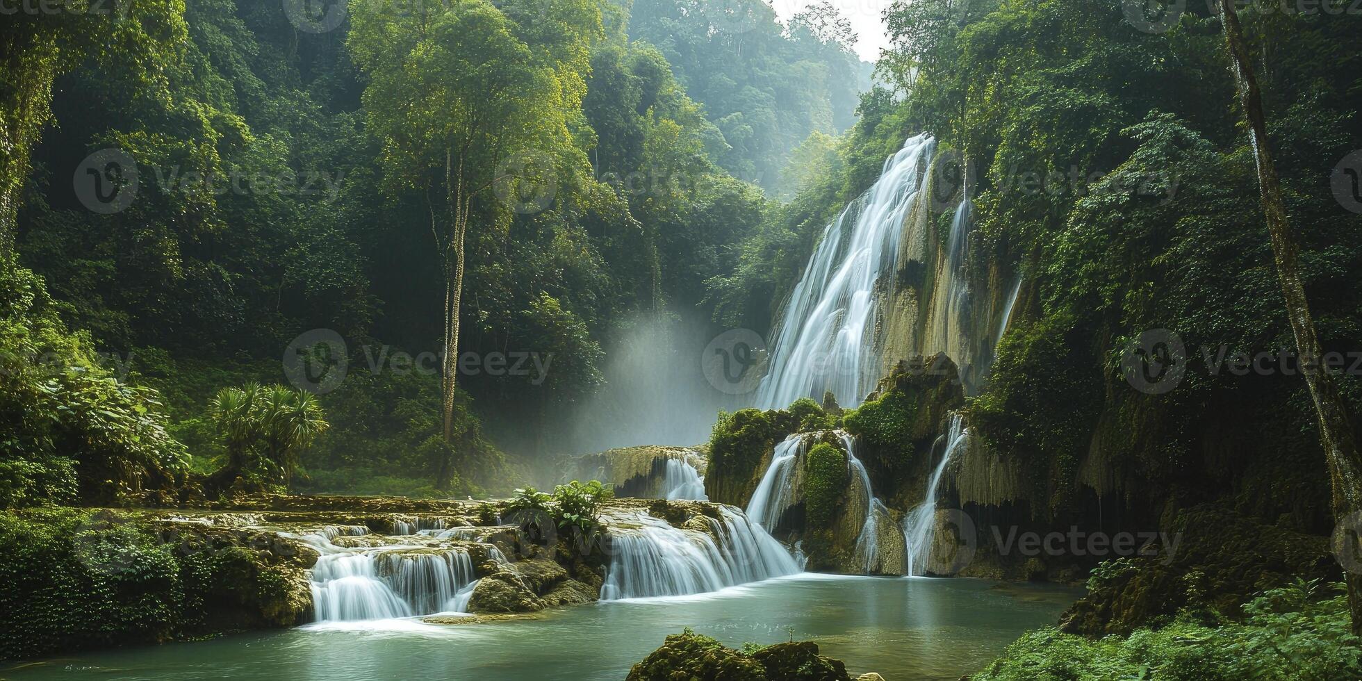Waterfall in the jungle with green trees and water photo