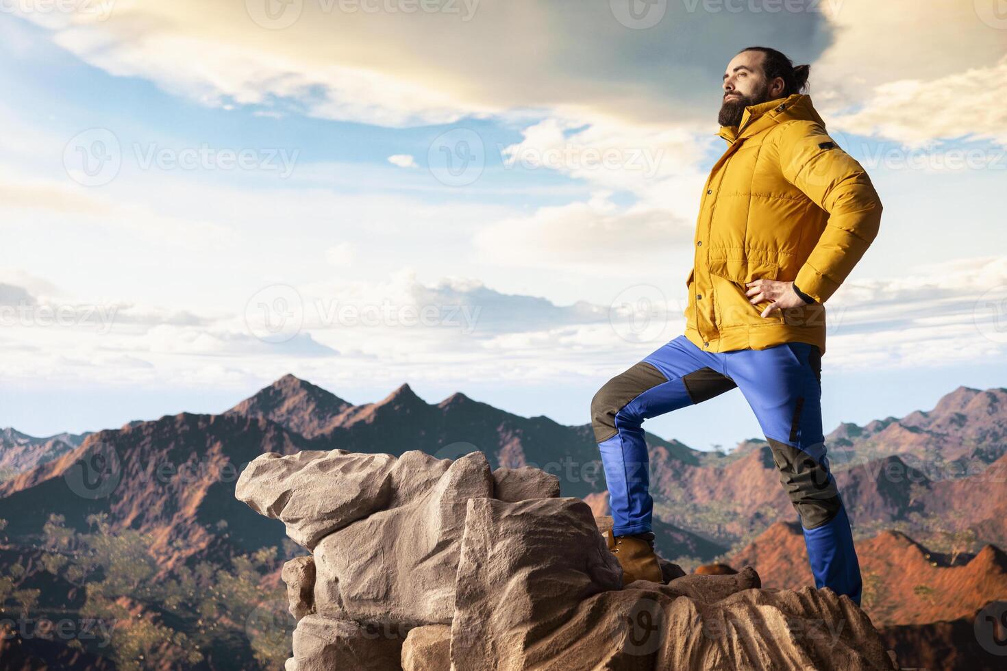 Hiker takes a moment to admire the panoramic view of mountains, looking into the distance and sightseeing. Fresh air, scenic background and peaceful surroundings for an explorer. photo
