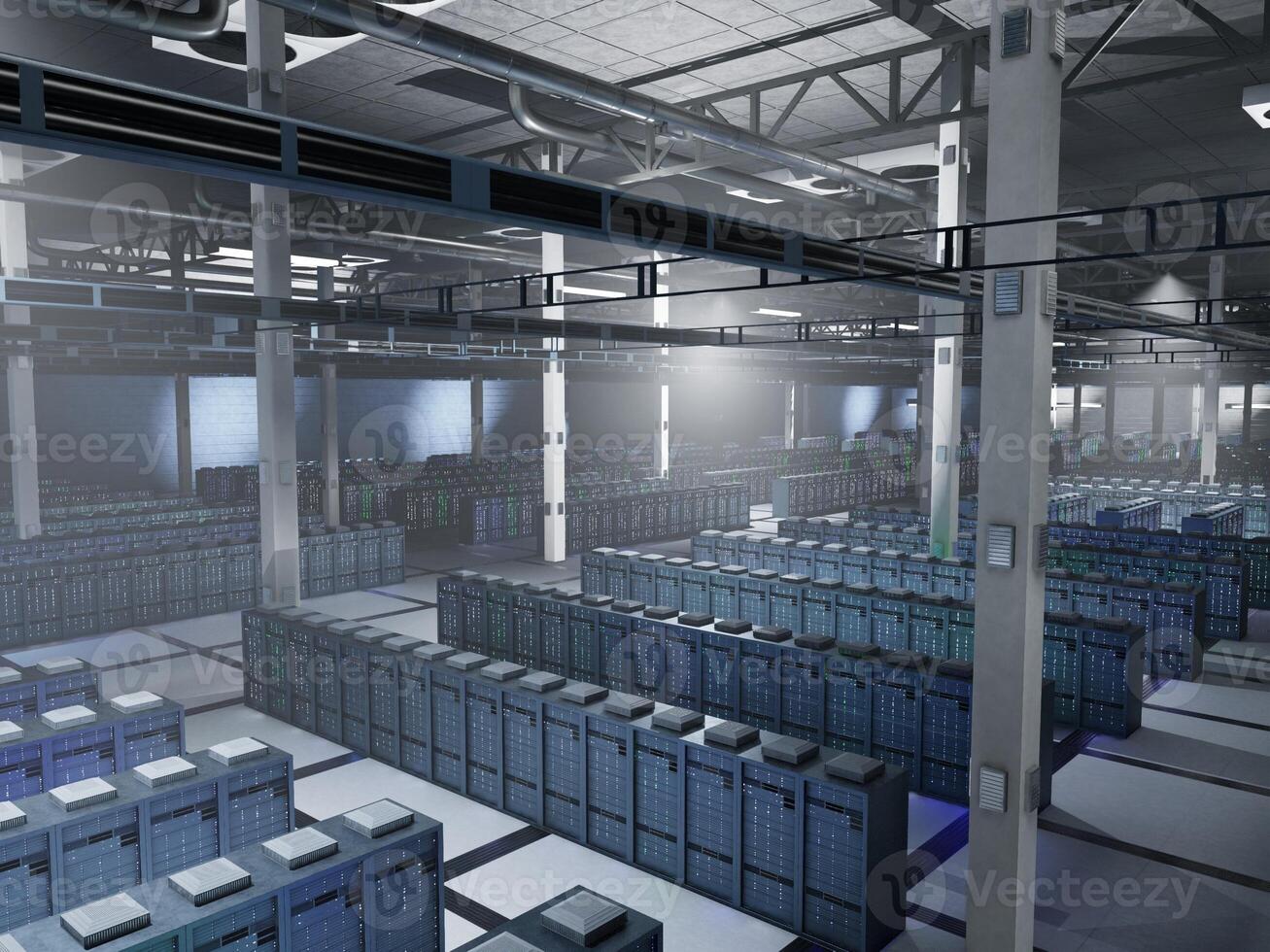 Data facility storing massive datasets used in AI simulations, prediction systems and model inference. High-performance hardware enabling computation at scale, jib down view. photo