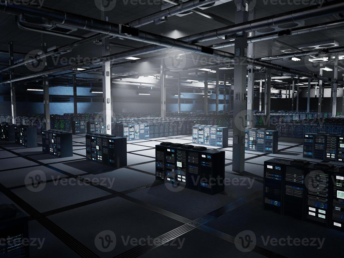 Encrypted cloud servers supporting blockchain tasks, crypto mining and decentralized applications. Clusters managing transactional data and processing requests, 3D rendering photo
