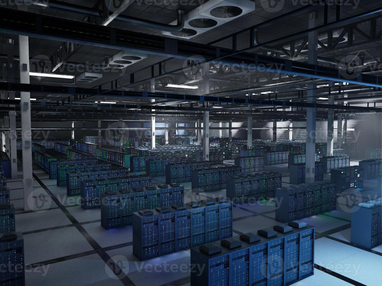 Dimly lit facility running deep learning platforms and neural networks training in dark environment. Server systems handling massive datasets for machine learning, 3D rendering photo