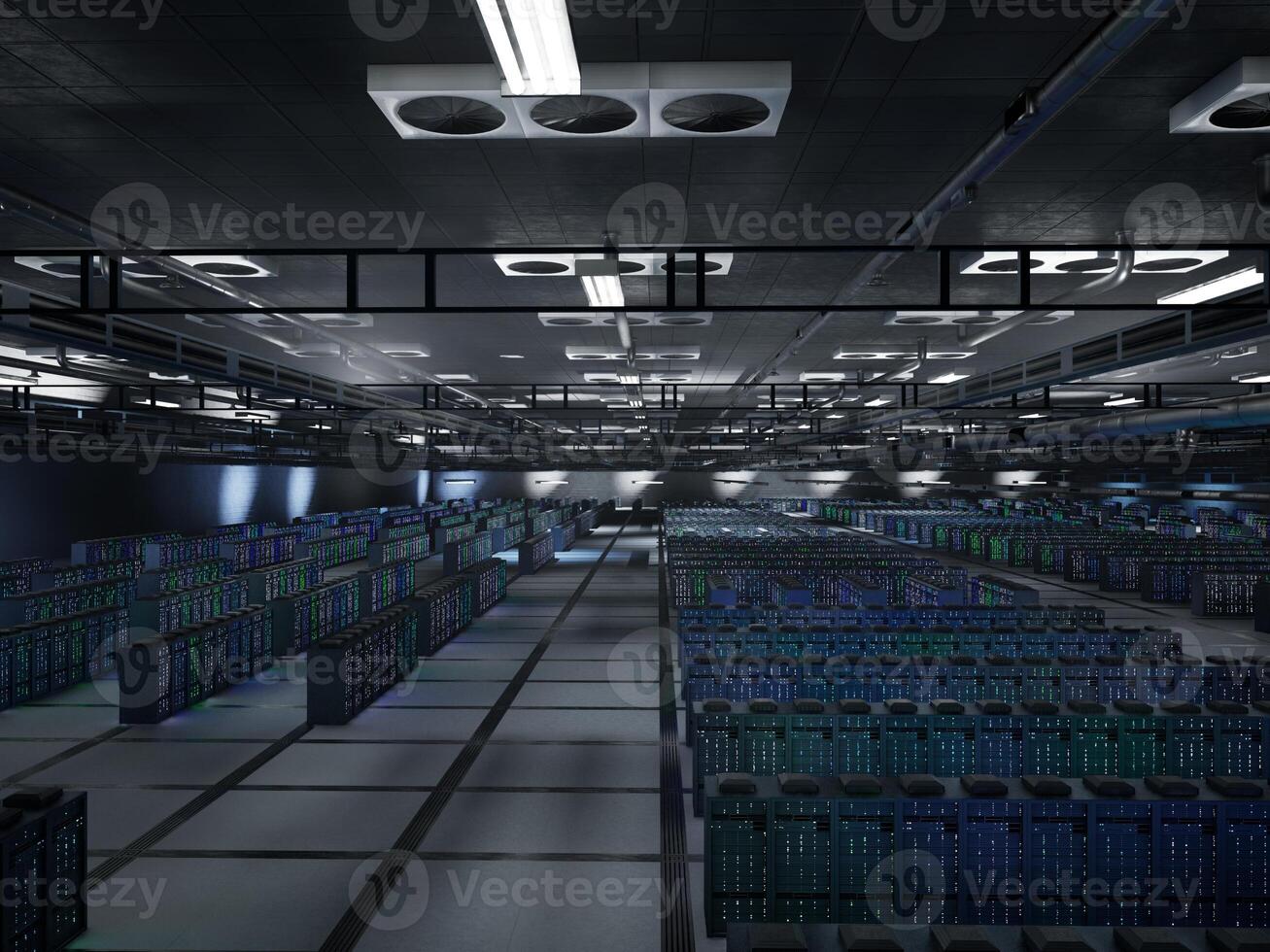 Server racks storing AI datasets for simulation, training and predictive modeling tasks. Data center infrastructure maintaining compute power for neural frameworks, 3D rendering photo