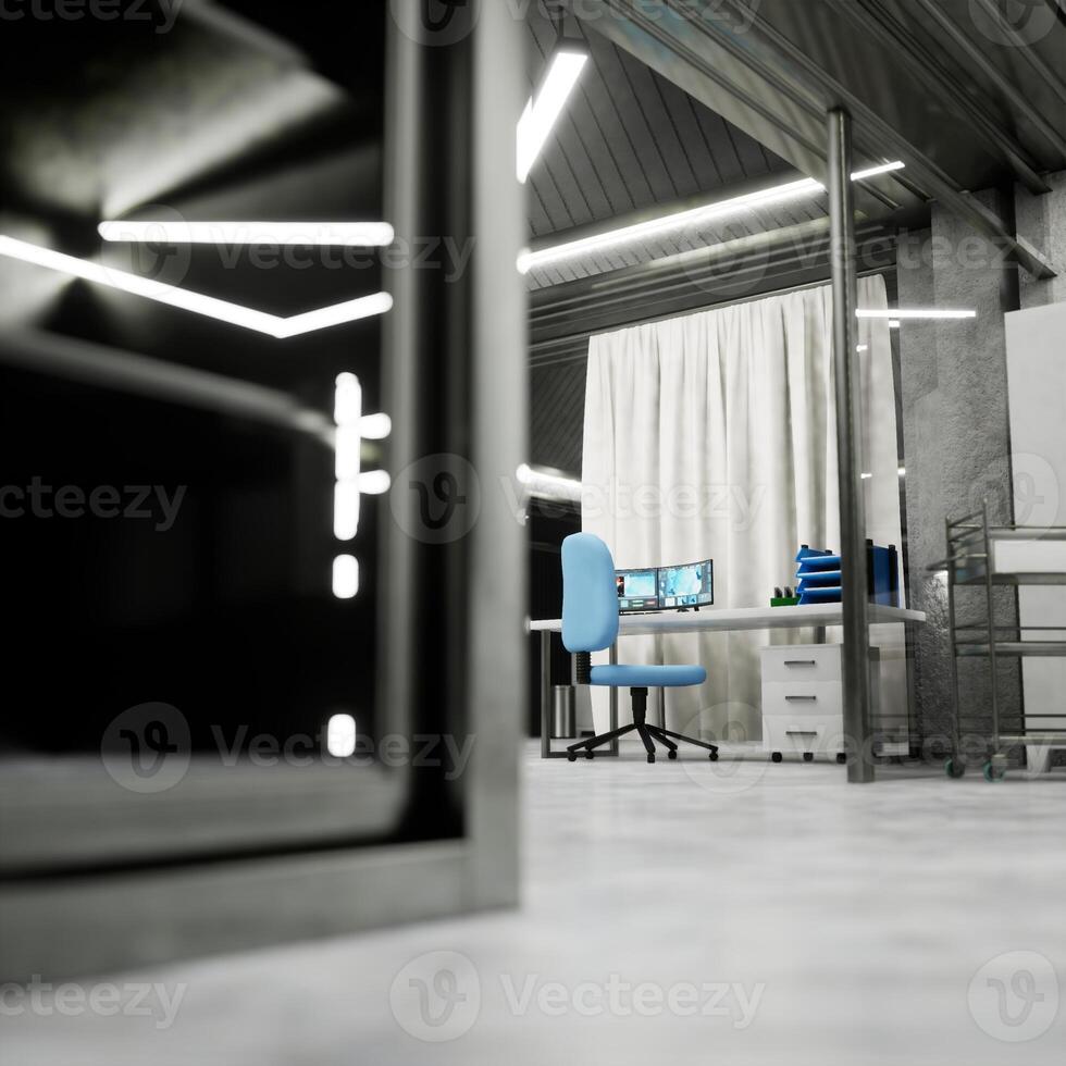 Smart medical lab workstation in background with digital apps on computer screen and research equipment. Modern clinical lab interior with metal cabinet and bright lights in sterile setting, 3D render photo