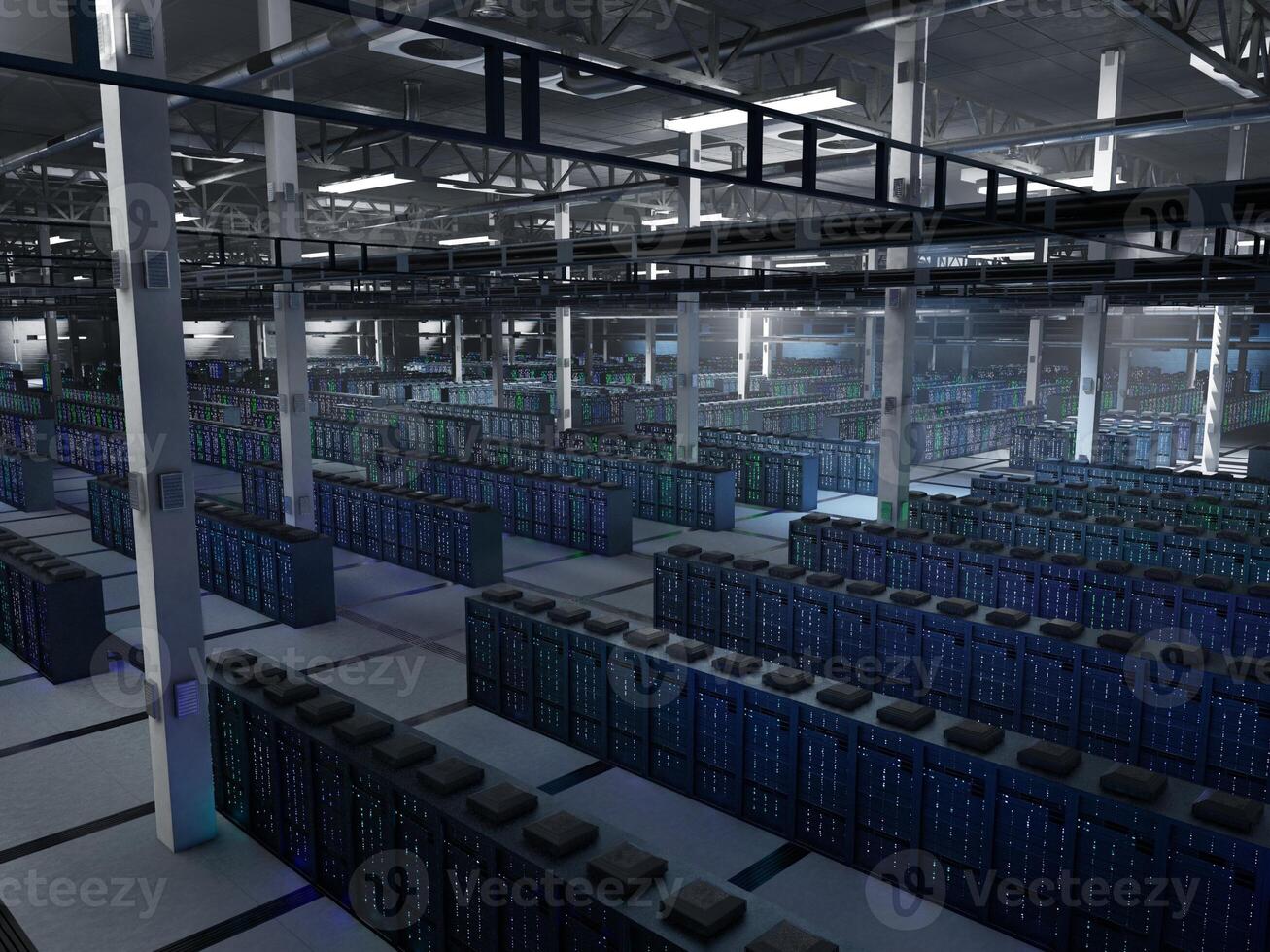Dimly lit data center facility supercomputers operating predictive analytics platforms and big data systems. Server farm mainframes storing sensitive data for analysis, 3D rendering photo