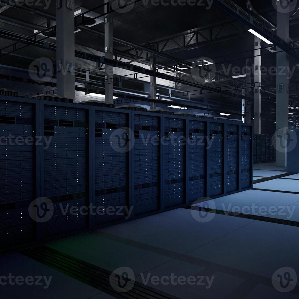 Modern server facility operating advanced AI tasks, doing model inference for real time data analysis. Central systems storing and processing large training datasets, 3D rendering photo