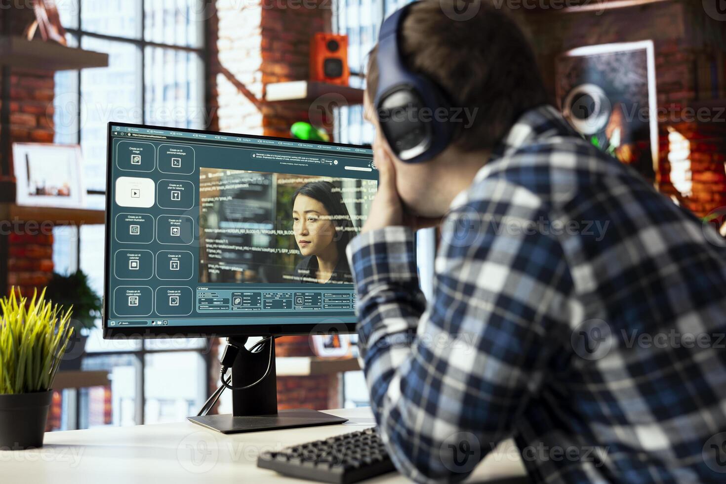 Man in home office uses generative artificial intelligence GPT with image understanding capabilities generating videos. Person getting help from AI virtual assistant producing clips from prompts photo