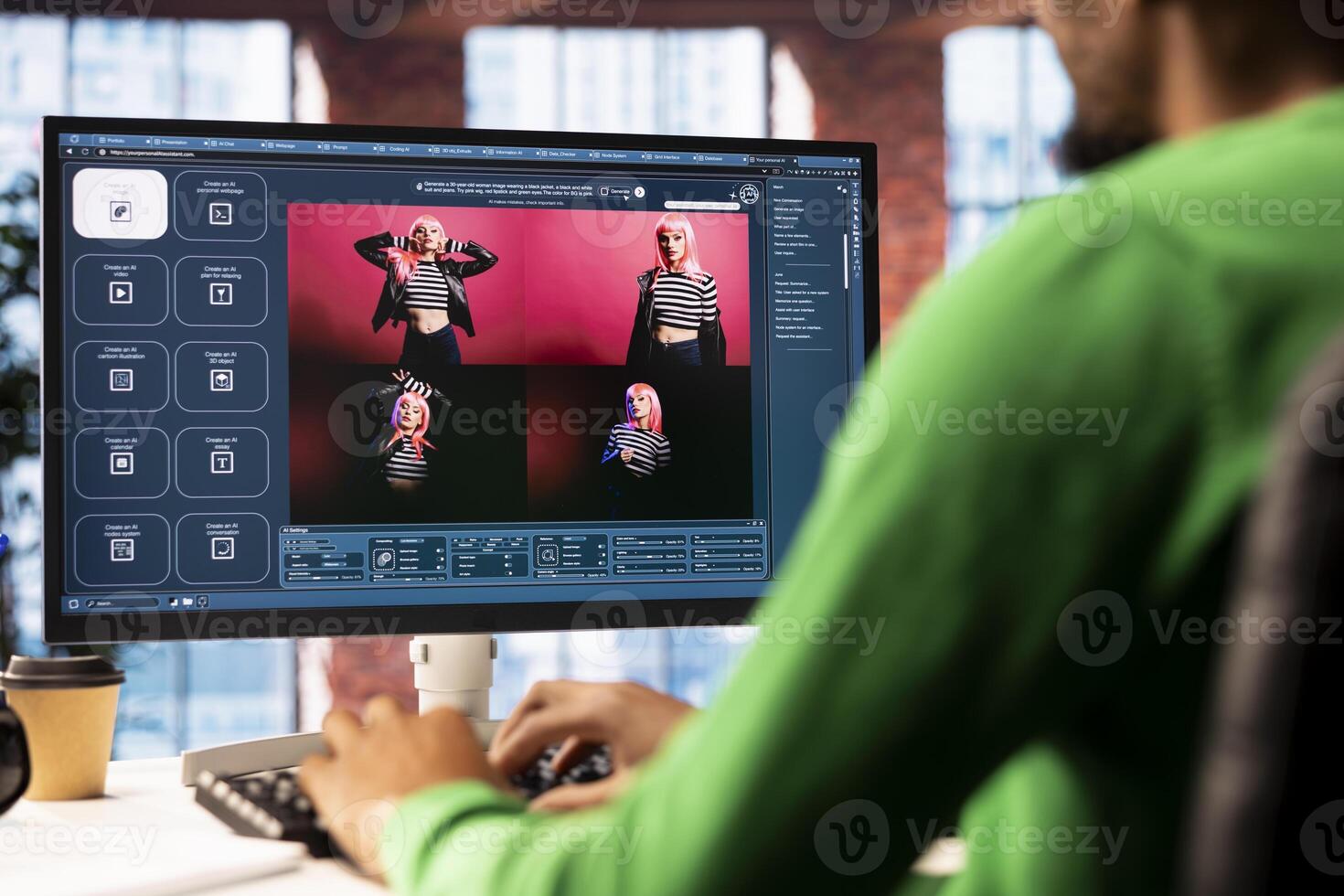 Graphic designer designing UX for AI software turning text prompt into photos. IT specialist using machine learning tech to build text to image models, close up shot photo