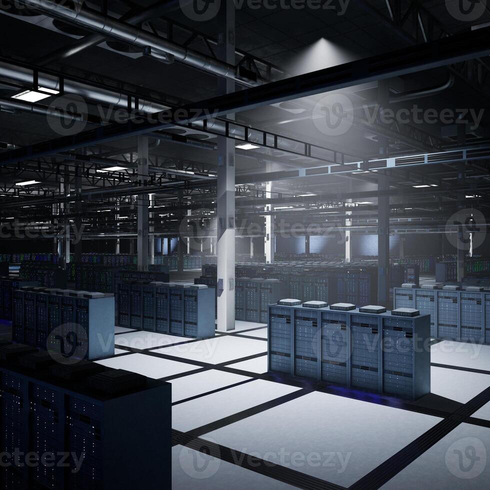 Light shining over blade server racks in dark server room supplying compute power for AI data processing. Deep learning arrays managing training datasets and inference workloads, 3D rendering photo