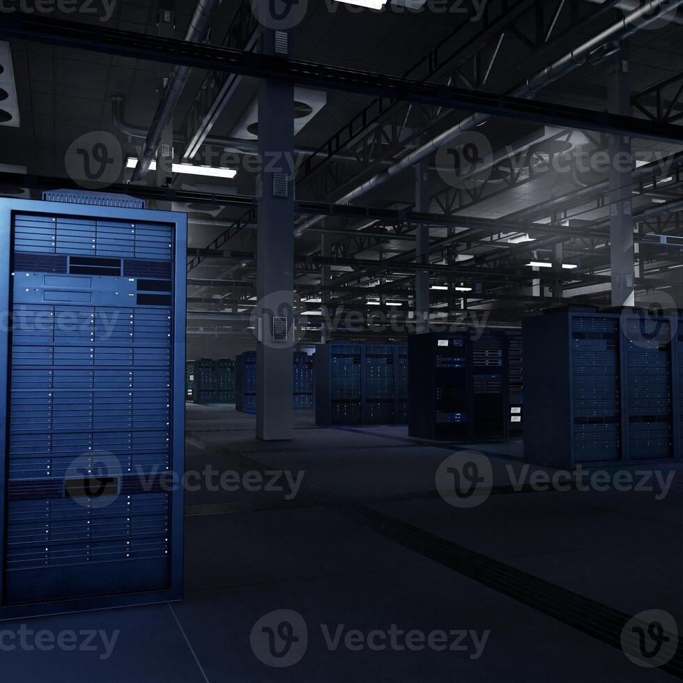 Server clusters enabling AI model development through scalable computing and data intensive operations. Supercomputers maintaining storage for machine learning, 3D render photo