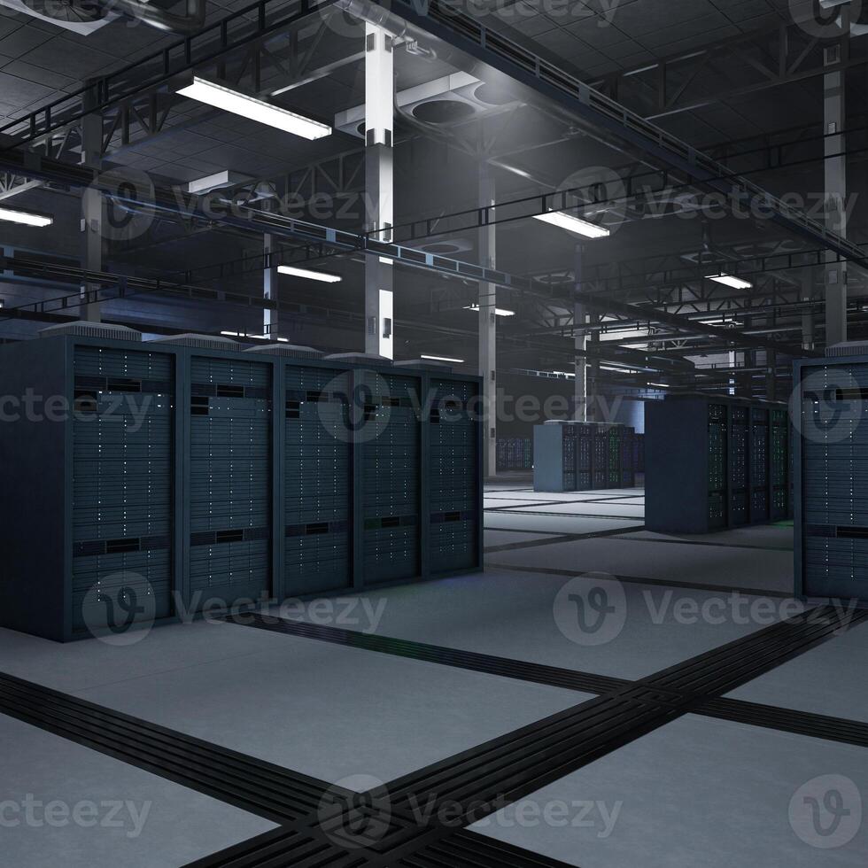 Data center hardware delivering computing power for AI training models and deep learning processes. Rackmounts equipment in dark server farm storing machine learning datasets photo