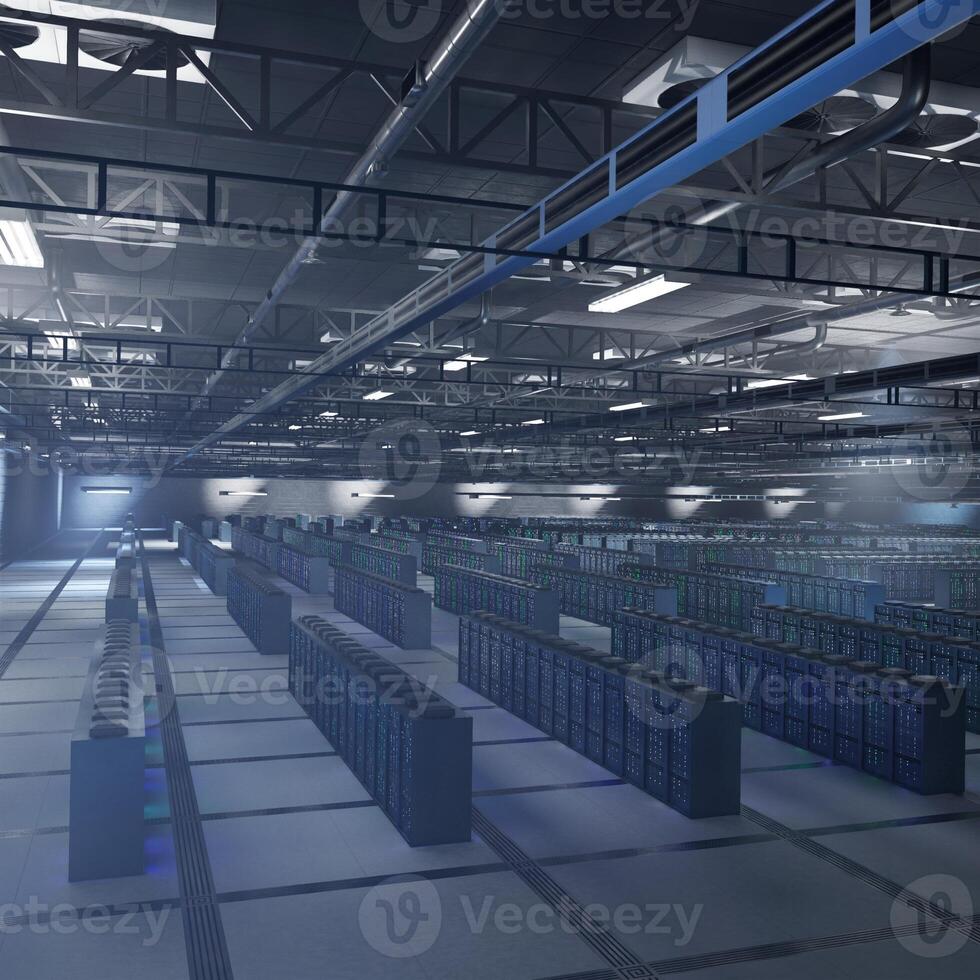 Enterprise server hardware delivering computing capacity for AI, automation tools and neural training. Supercomputers archiving deep learning datasets at scale, aerial shot. photo