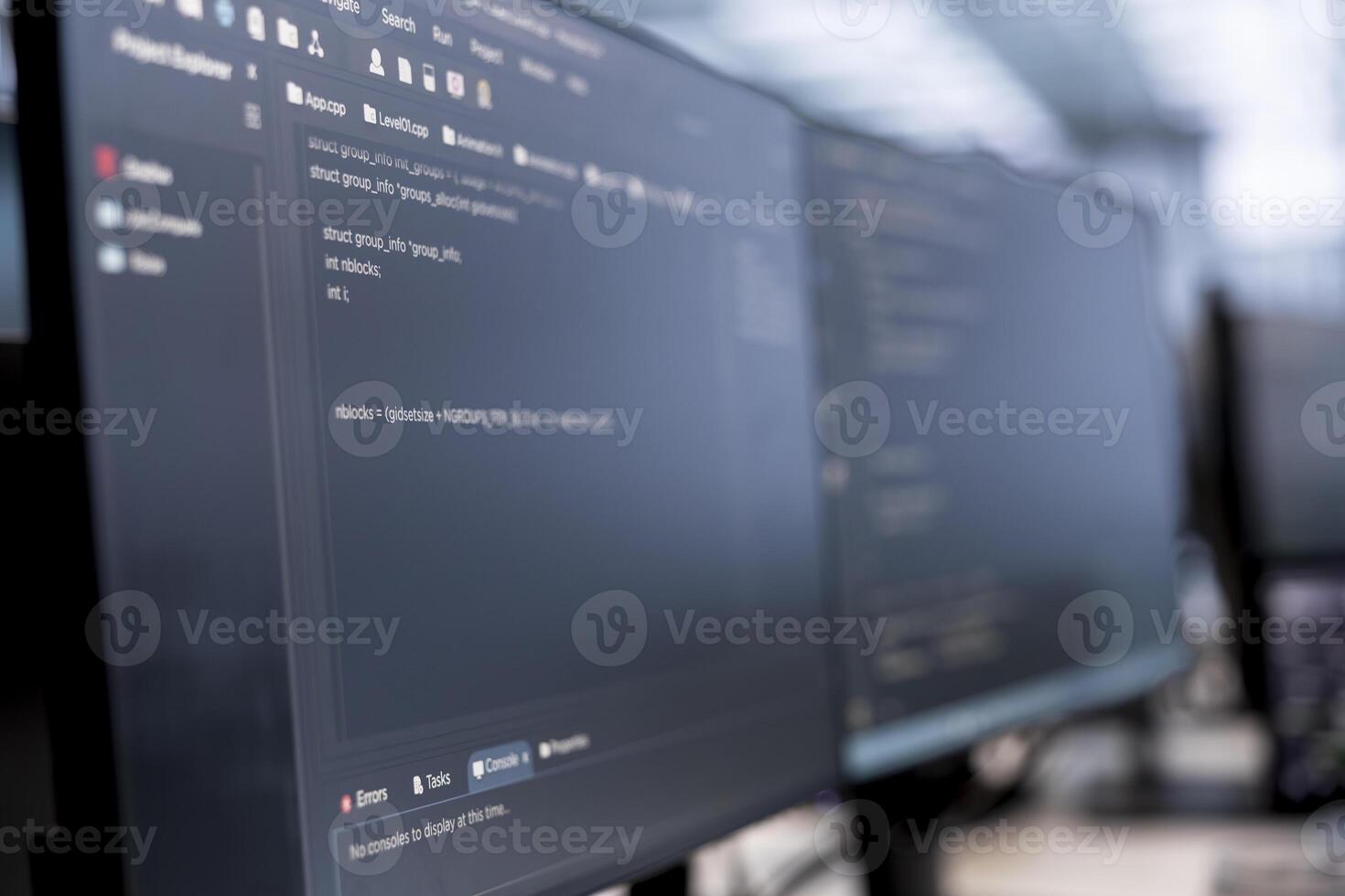 Close up of computers in data center running server rigs diagnostic tests and error checking utilities to identify and resolve software problems. PC software used to monitor critical systems photo