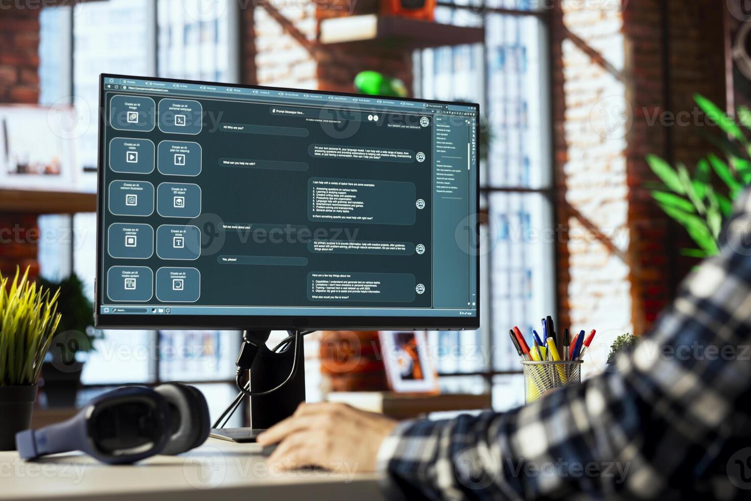 Man seated at desk using AI LLM chatbot software in apartment office to solve tasks. IT specialist working with large language model program on PC in bright home workspace, close up shot photo