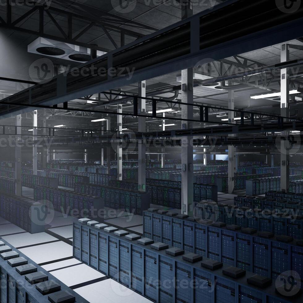 Infrastructure in dark server center supporting large scale analytics, simulations and predictive systems. Server racks storing valuable data assets used in machine learning, 3D rendering photo