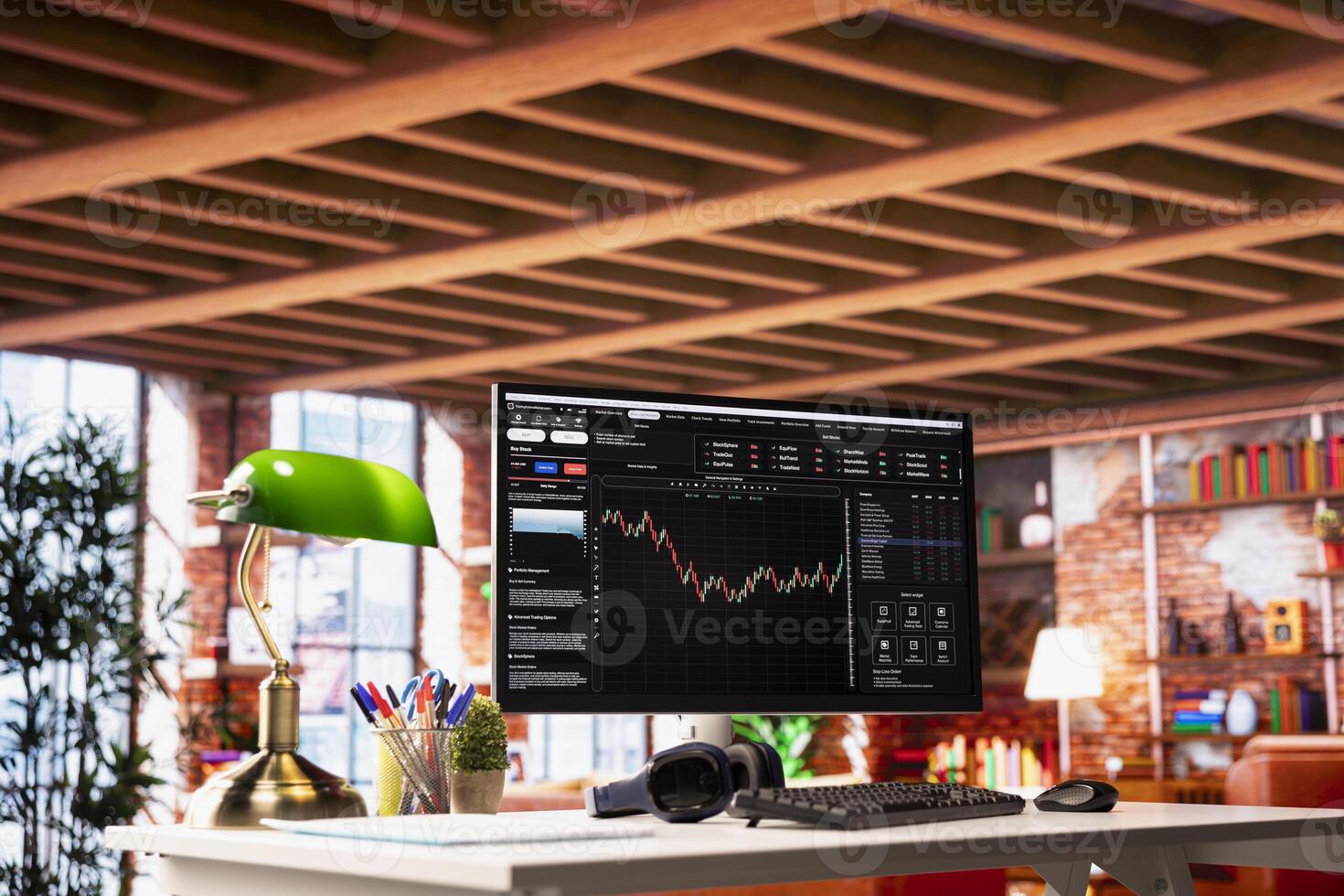 Application on computer screen in apartment used for analyzing crypto coins investment graph fluctuations. Forex volatile assets candlestick chart on PC monitor on home office desk photo