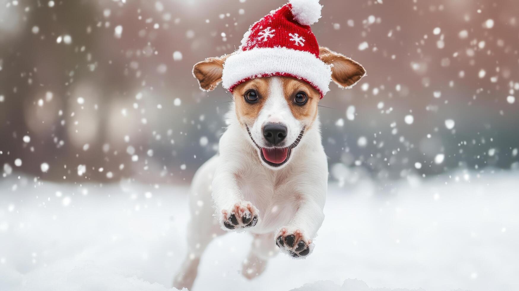 Playful puppy in a holiday hat leaping through winter snow. photo