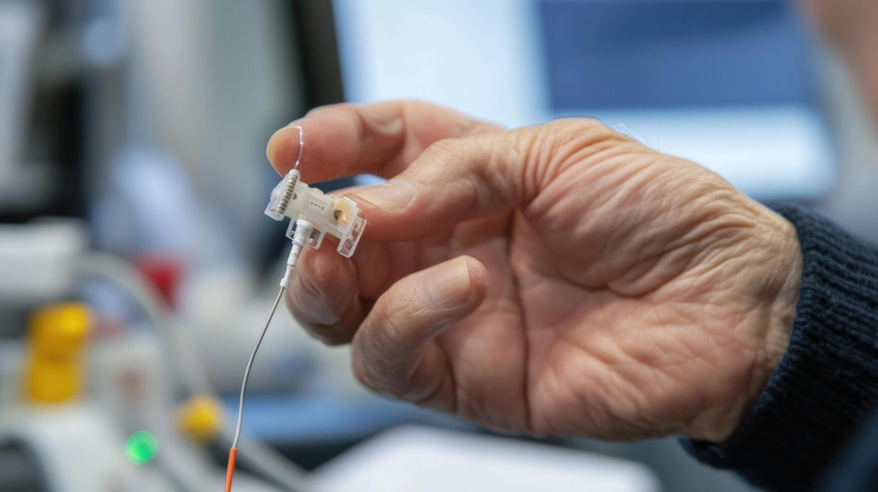 Close-up view of a medical device held by a hand. photo