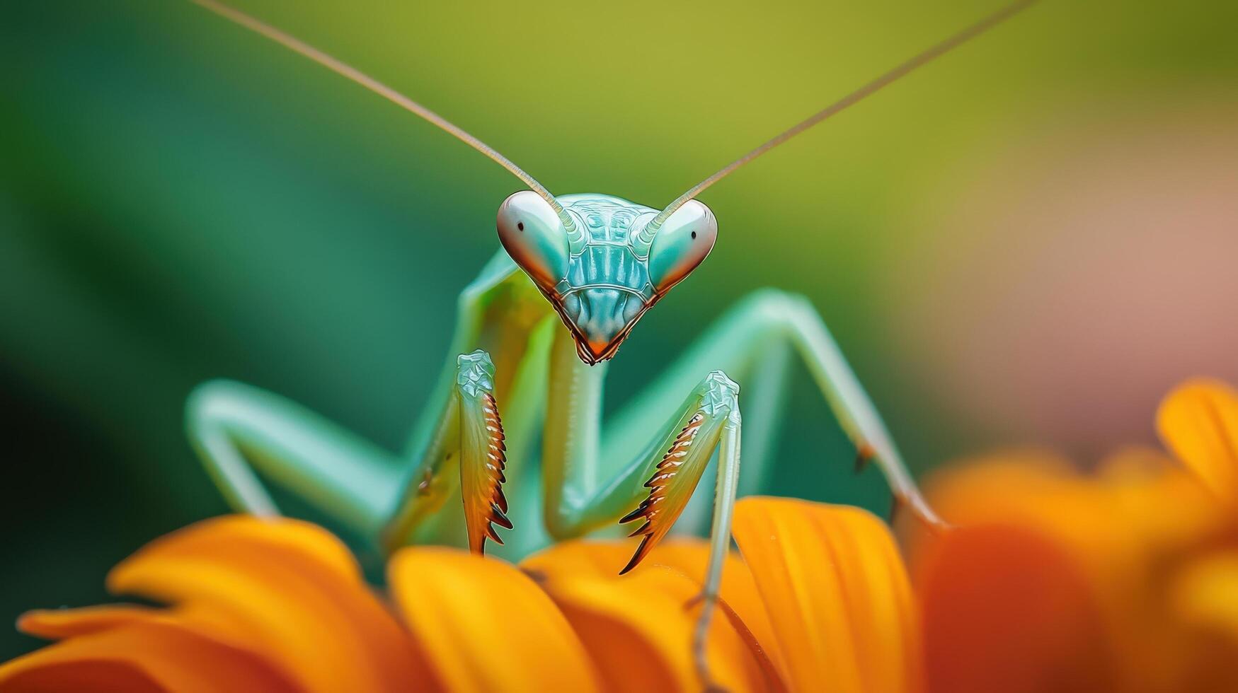 A praying mantisce is sitting on top of an orange flower photo