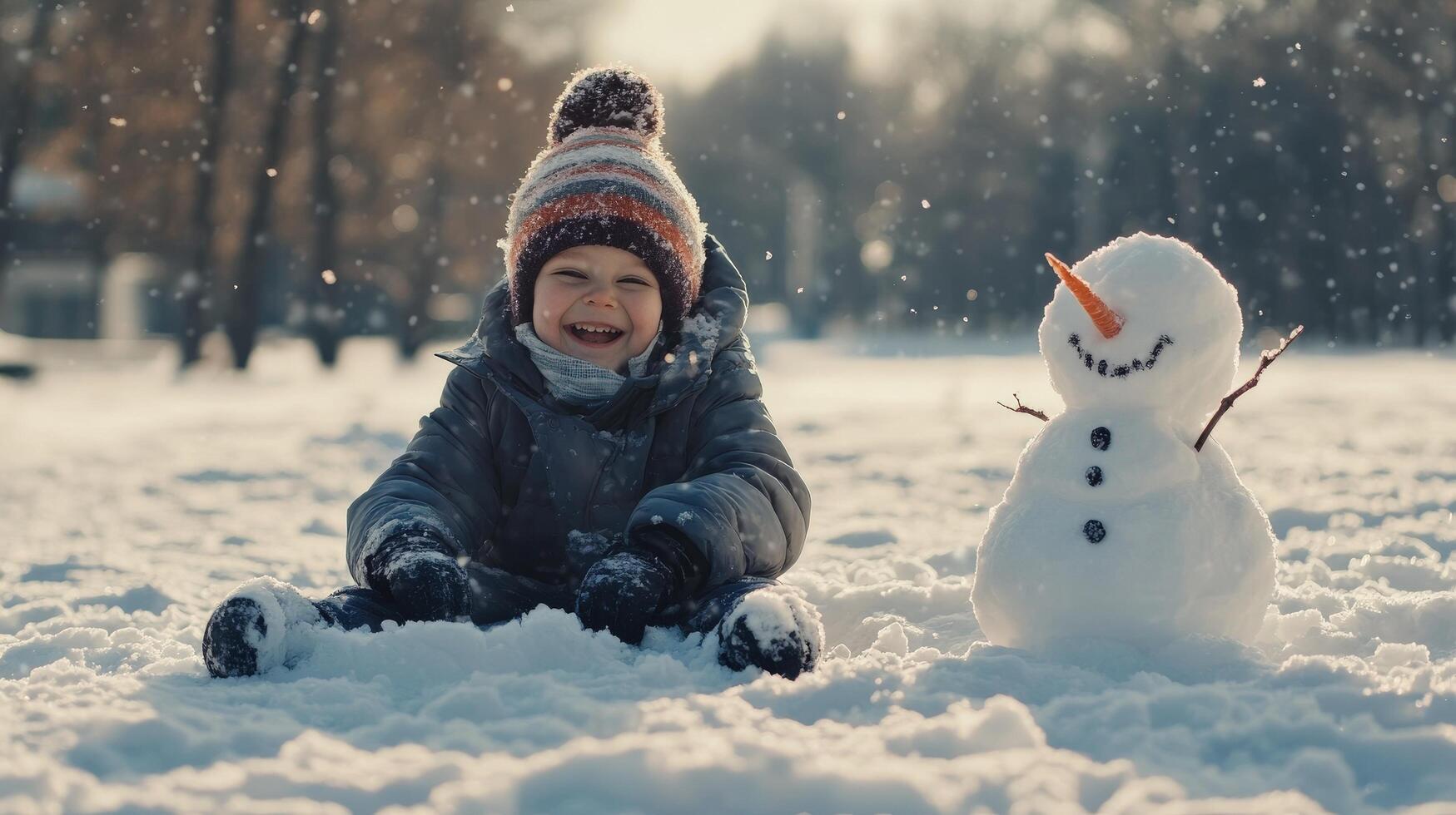 Smiling child sits in snow beside a snowman on a bright winter day. photo