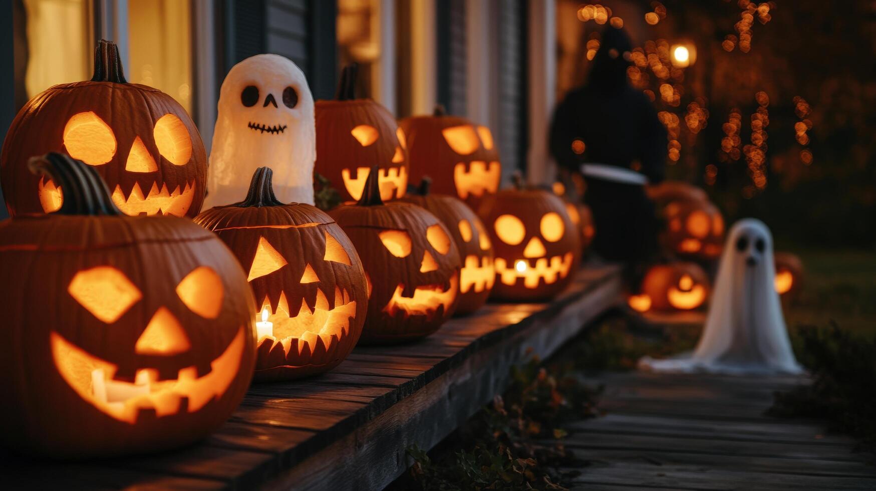 Halloween porch display of carved pumpkins and ghostly figures at dusk. photo