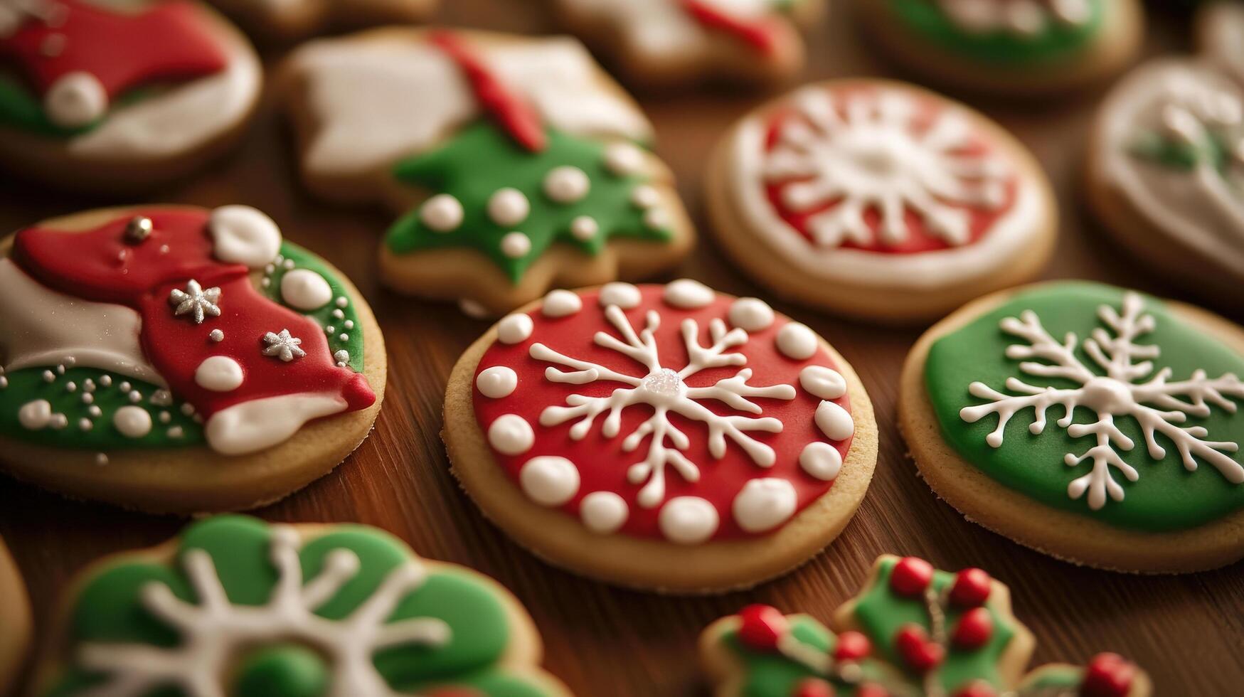 Festive holiday cookies adorned with icing decorations. photo