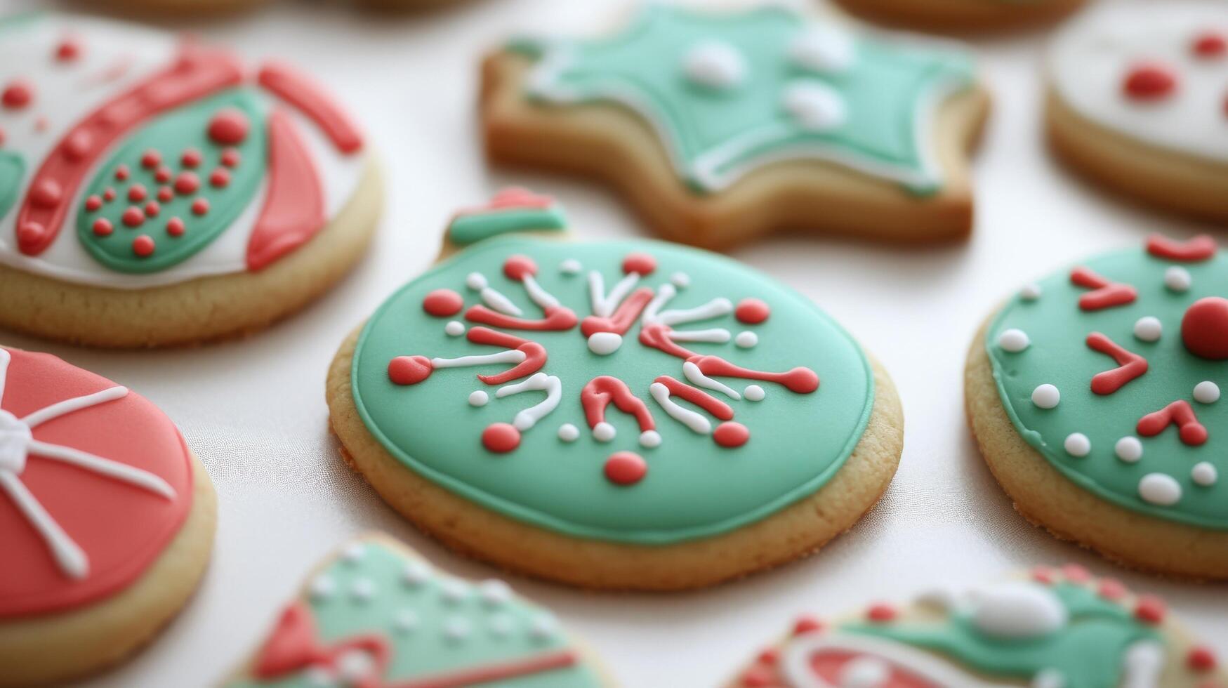 Christmas cookies are decorated with green and red icing photo