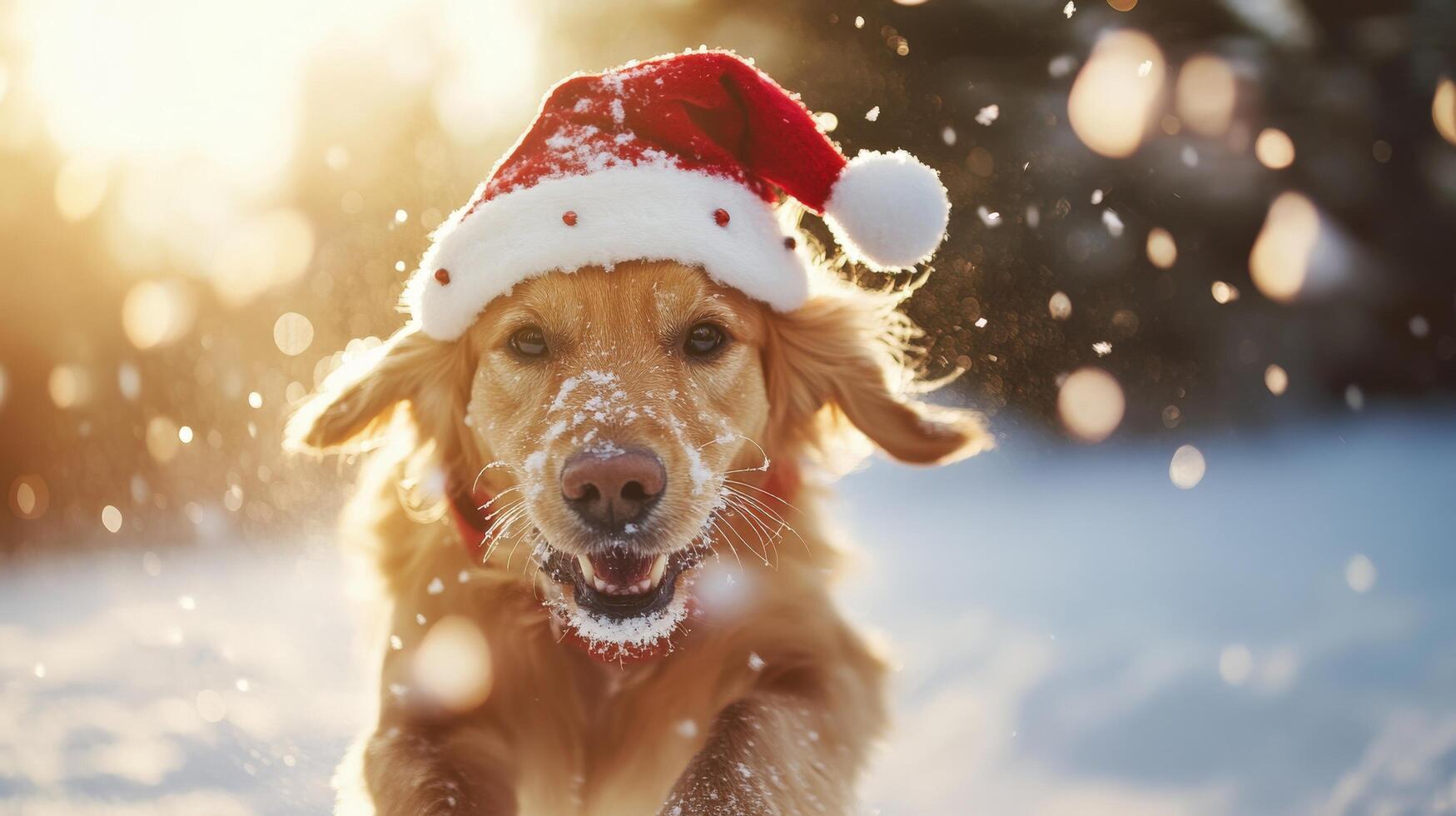A joyful golden retriever in winter wonderland. photo