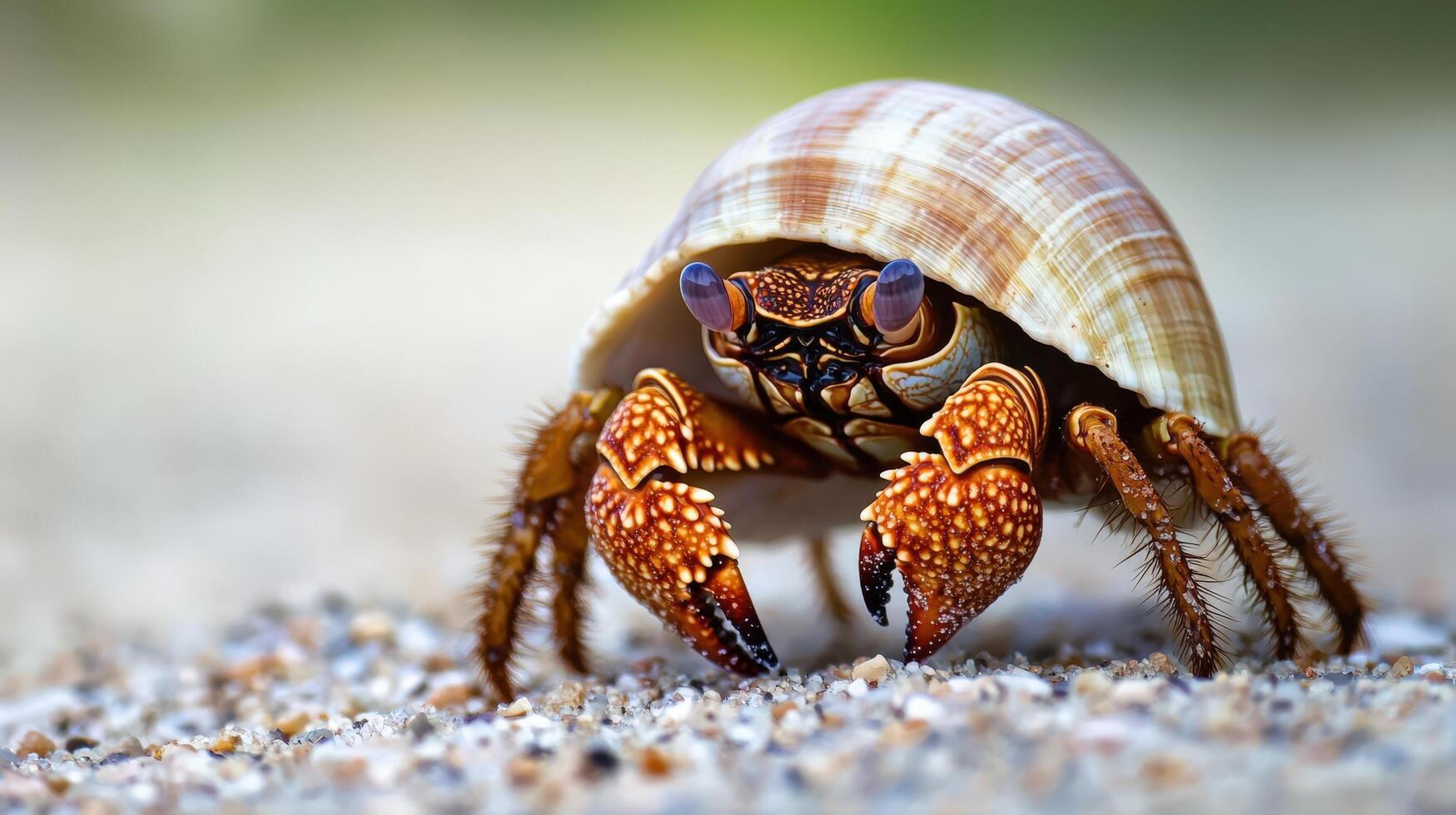 Close-up view of a hermit crab in its shell on the beach. photo