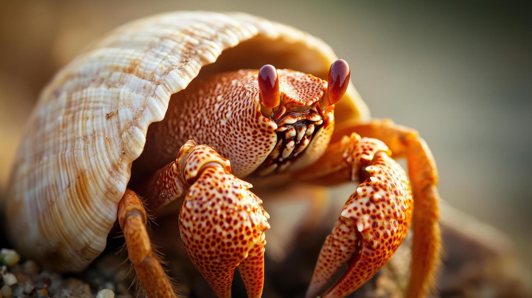 Close-up of a hermit crab nestled within its shell. photo