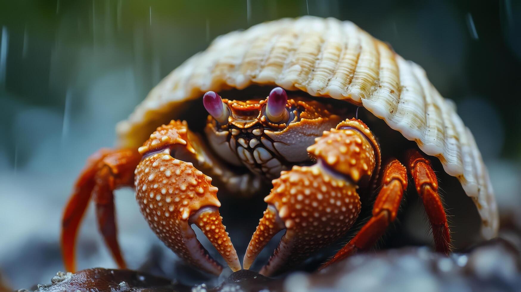 Close-up of a hermit crab sheltered within a shell during rainfall. photo