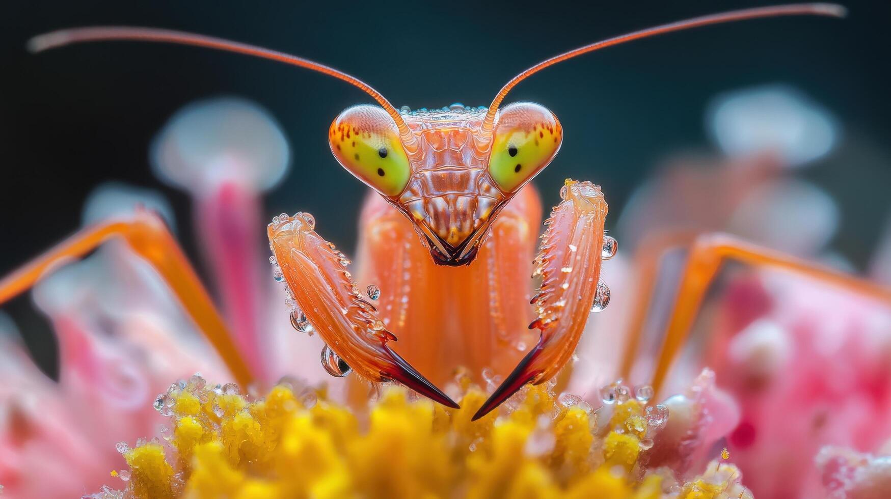 A praying mantisce with large eyes and a large head photo