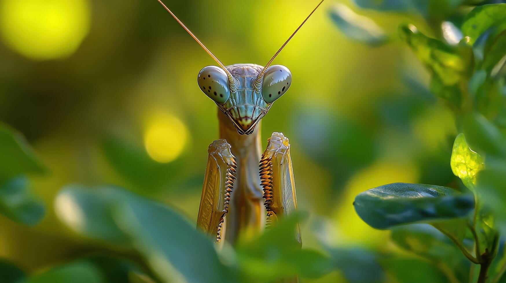 Close-up of a praying mantis in a leafy environment. photo