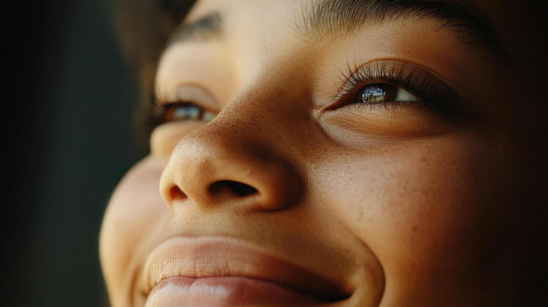 Close-up view of a young person's hopeful expression. photo