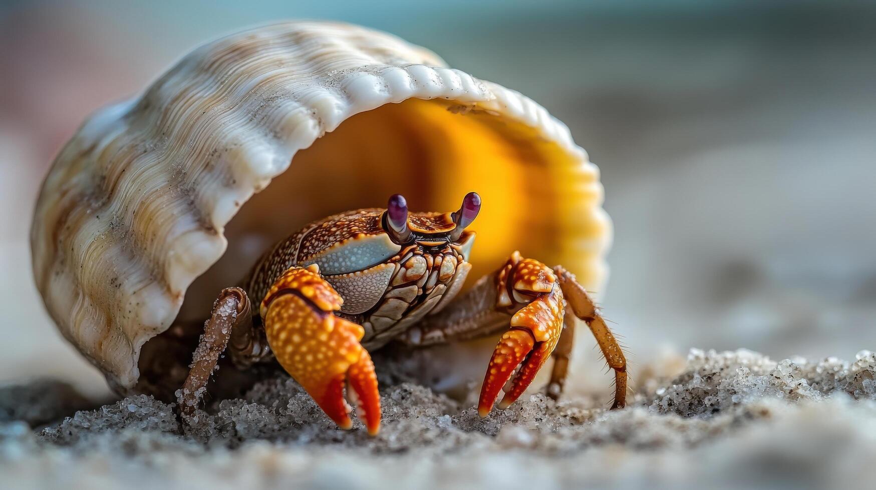Small crab nestled within a seashell on sandy beach. photo