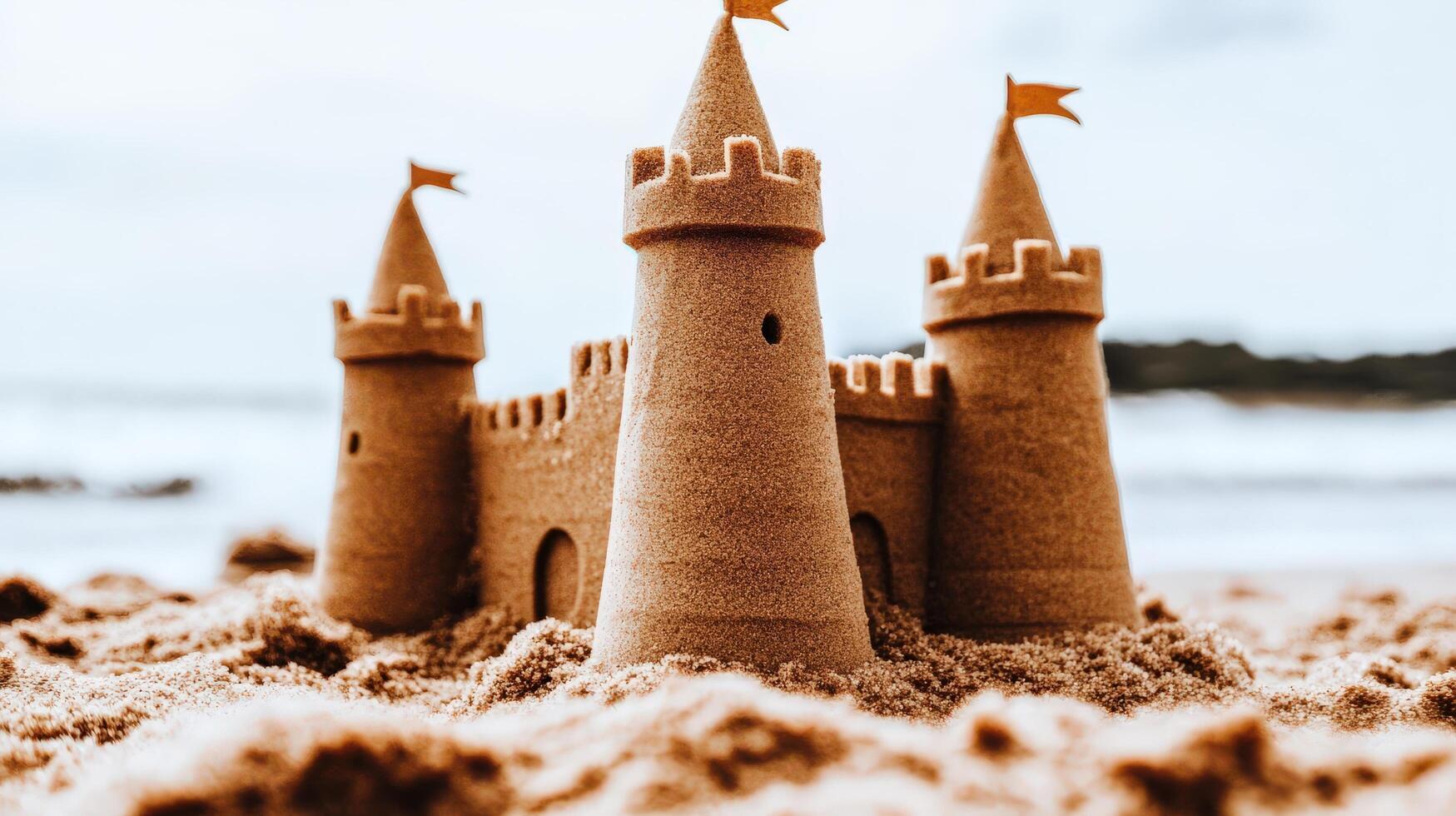 A miniature sandcastle structure on the beach. photo