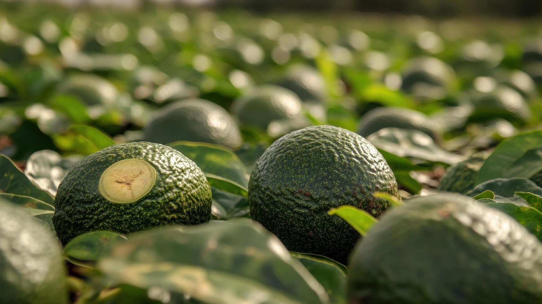 Fresh avocados on the ground with leaves. photo