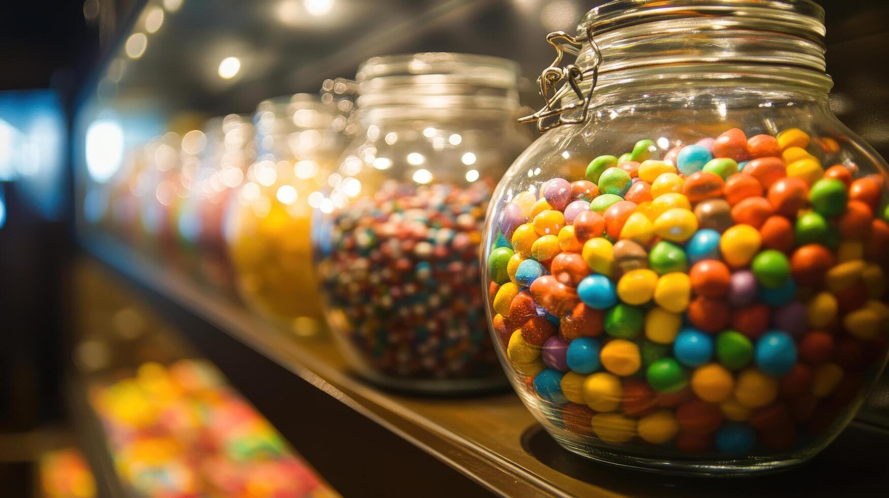 Colorful candies in glass jars on display shelves. photo