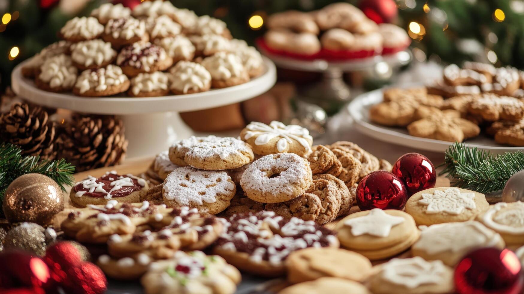Festive holiday cookies displayed on tiered trays and a table. photo