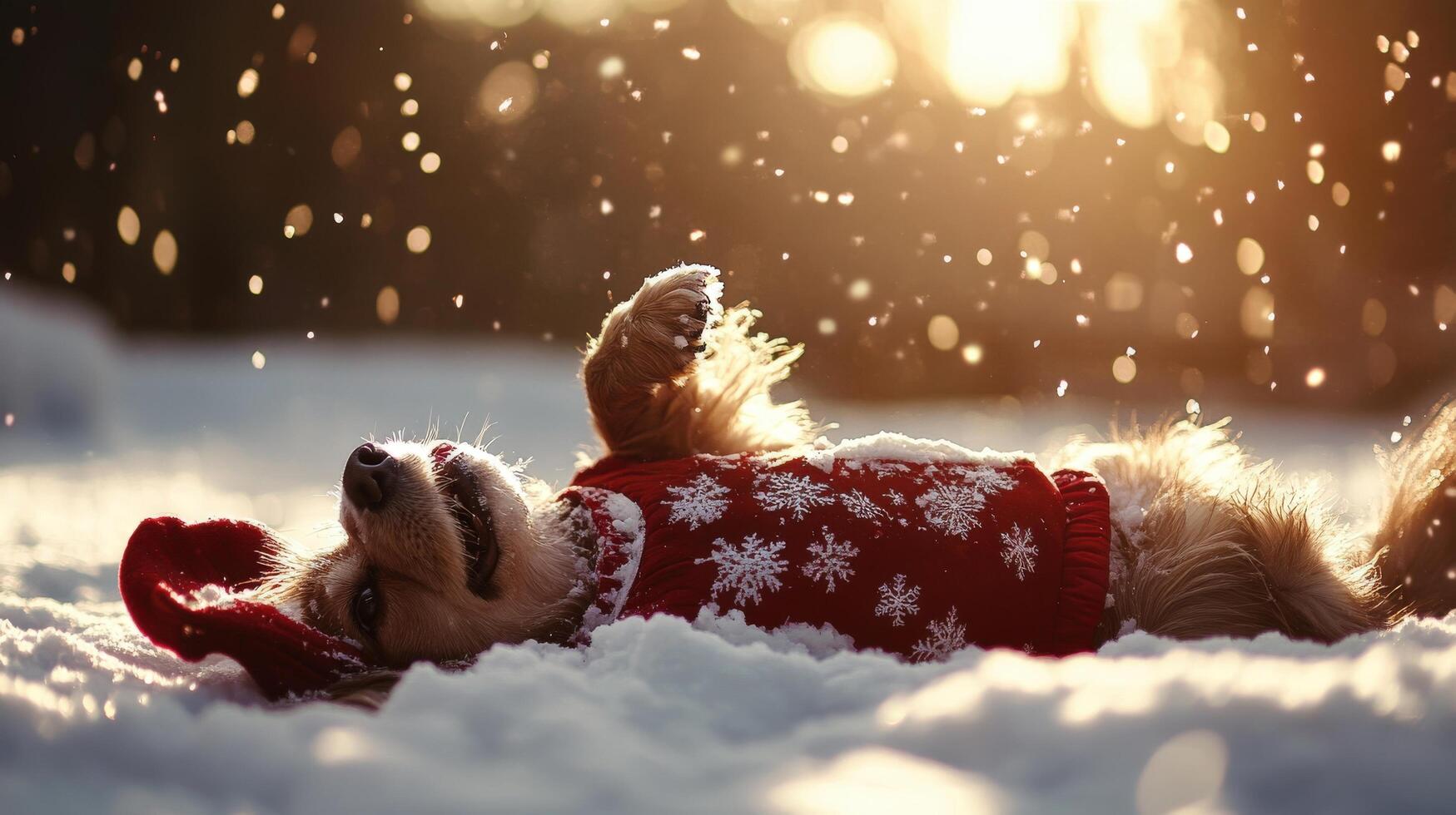 A joyful canine in a festive sweater basking in winter snowfall. photo