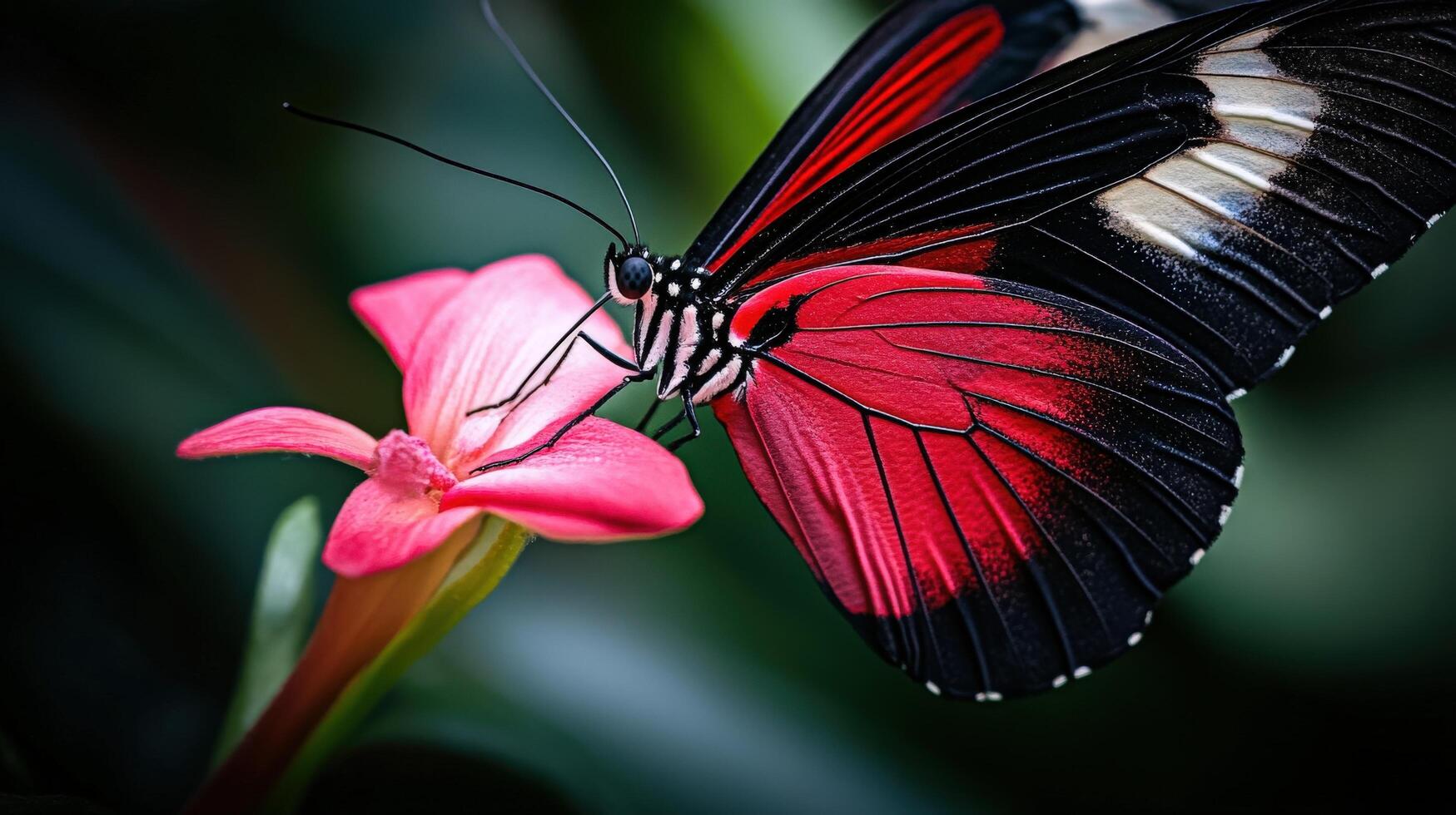 Close-up view of a vibrant red butterfly on a pink flower. photo