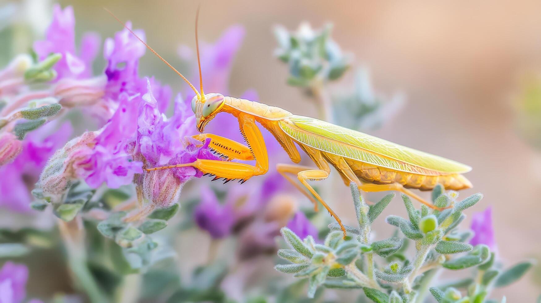 A vibrant praying mantis feeding on a cluster of purple blossoms. photo